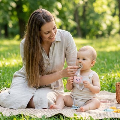 Attache Tétine Tête Animal | Coton Doux Beige | 0-24 mois - Bébé Bambin