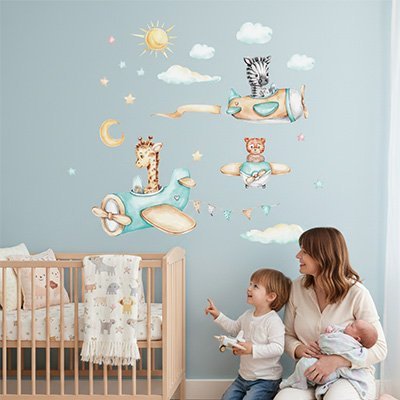 Stickers autocollants muraux enfant | Rigolade avec les avions - Pyramide d'animaux - Bébé Bambin