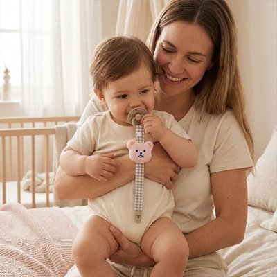 Attache Tétine Tête Animal | Coton Doux Beige | 0-24 mois - Bébé Bambin