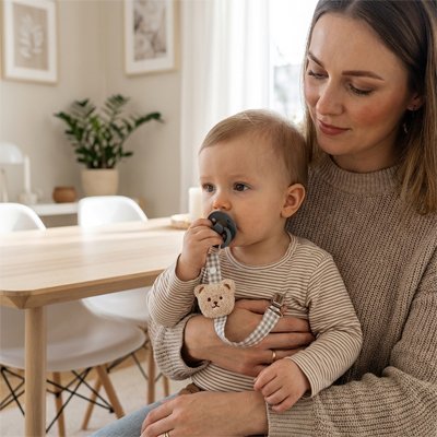 Attache Tétine Tête Animal | Coton Doux Beige | 0-24 mois - Bébé Bambin
