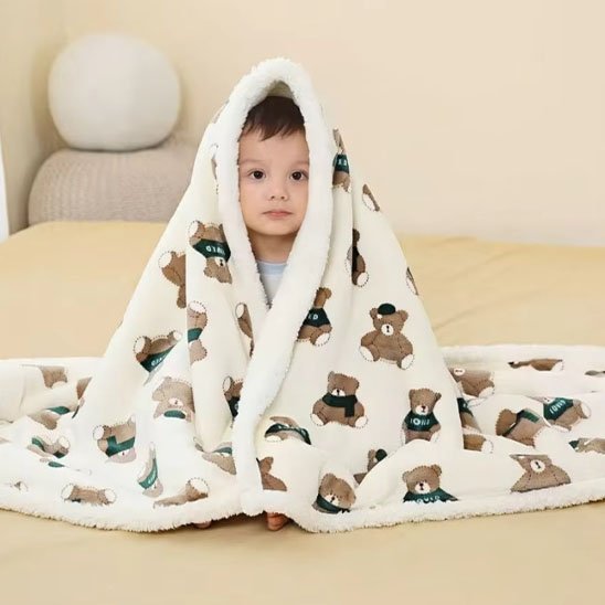 Couverture Bébé Flanelle & Sherpa | Capuche Intégrée | Lapins & Oursons - Bébé Bambin
