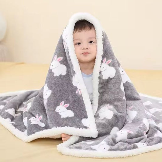 Couverture Bébé Flanelle & Sherpa | Capuche Intégrée | Lapins & Oursons - Bébé Bambin
